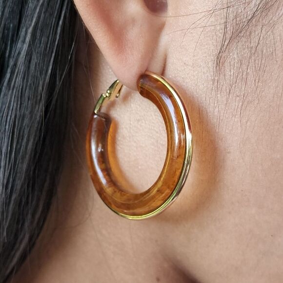 Butterscotch Resin Hoop Earring With Gold Plated Outline 1.64in - Picture 14 of 14